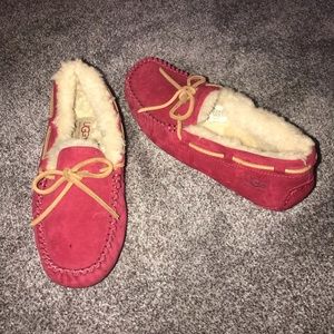 Uggs Red Leather Moccasins Fur Lined. Bow